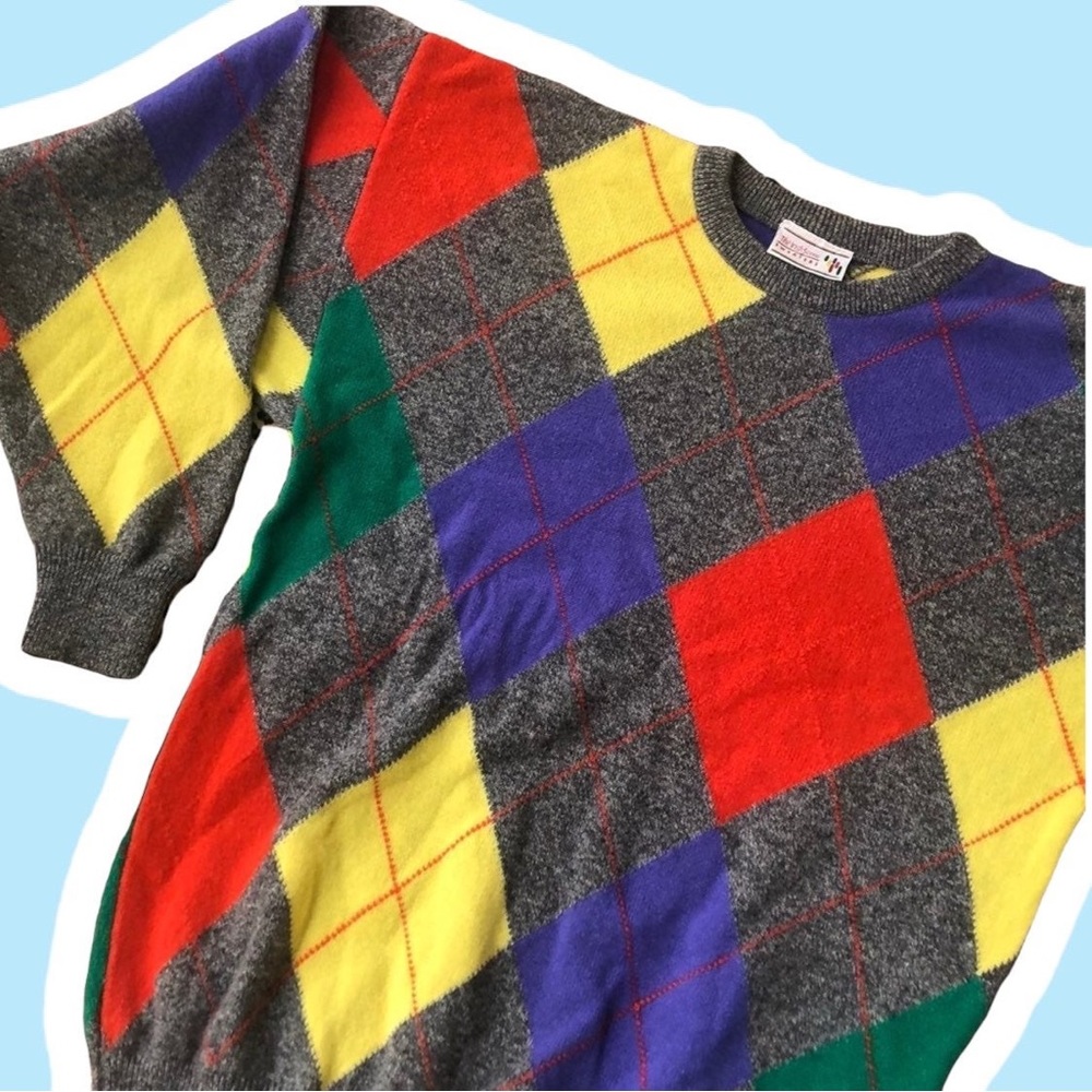 Vintage Lambs Wool Sweater Rainbow Argyle 80s 90s Kidcore Diamond Crew Jumper L